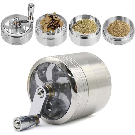 Metal Krydderikværn med Håndtag, Krydderiknuser, Pollenkværn, 4-Delt Sæt med Skraber, Urtekværn med Håndsving (Sølv)