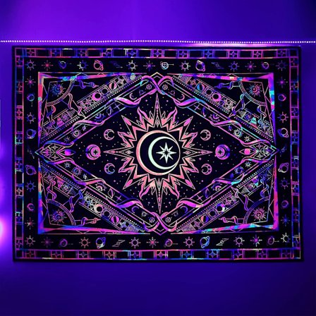 UV-reaktiv sort lys plakatfarve baggrund glød mørk hippie boheme vægtæppe, 80" X 60"