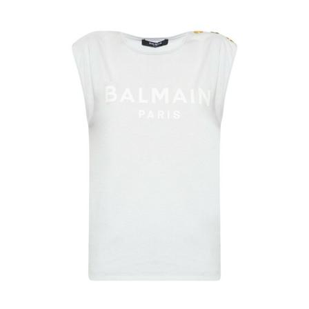 Balmain Sleeveless T-shirt with logo Blå, Dame Toppe
