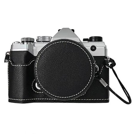 Til Olympus OM-5 Kamerataske Halvt Omsluttet Læderbund med Linsebeskyttelse - Sort