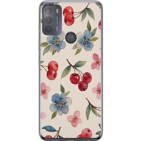 Kompatibelt Mobildeksel til Motorola Motorola Moto G50 Bær & Blomster - mønster med blå blomster og skogsbær