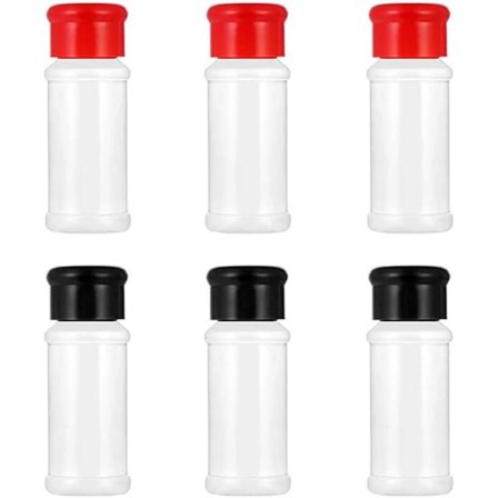 6 krydderiglas i plast (sort+rød), salt- og peberkværn krydderi