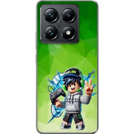 Yhteensopiva Puhelinkuori Xiaomi 14T Roblox-inspiroitu pelaajahahmo, jossa on kuulokkeet, ohjain ja energiset efektit vihreää taustaa vasten