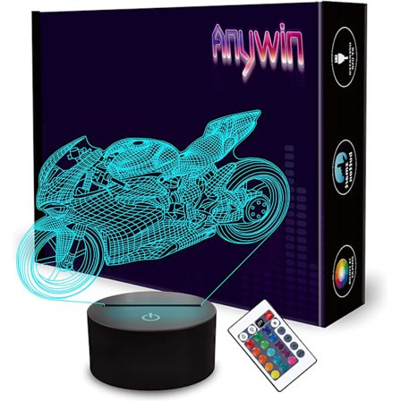 Motorcykel Natlys, Anywin 3D Natlys til Børn med Fjernbetjening & 16 Farveskift