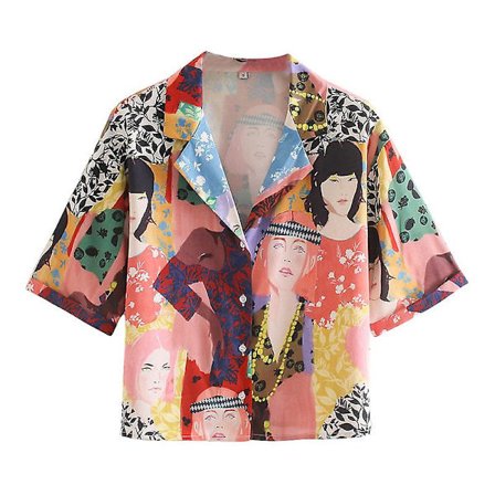 Dam V-ringad T-shirt med tecknad porträtt och korta ärmar