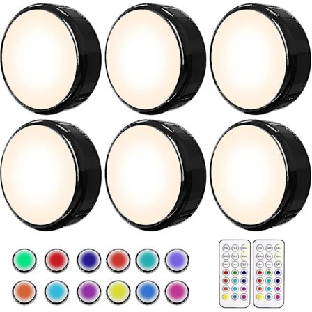 Puck-lys, 16 farger skiftbare LED-trykklys batteridrevet ny oppgradering svart dimbar under skapbelysning trådløs under disklys, Wi