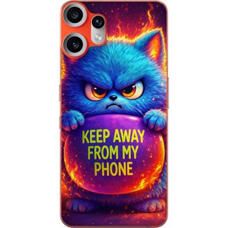 Kompatibelt Mobilskal till Nothing Nothing CMF Phone 2 Pro Arg fluffig blå katt med texten "Keep Away From My Phone" i neonfärger och eldliknande ef