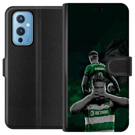 Yhteensopiva Lompakkokotelo OnePlus 9 Neonmotiivi, jossa teksti "Gaming is in my DNA" sinisenä ja punaisena tiiliseinällä, jossa loistava DNA-spiraali