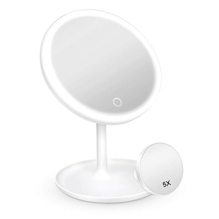 3-farvet LED Makeupspejl med Lys, Aftageligt 5x Forstørrelsesspejl, USB-opladeligt Kosmetikspejl med Opbevaringsbakke