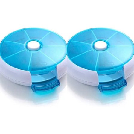 Sæt med 2 pilleæsker med 7 runde rum og ugentlig bakke, 7 dage, blå