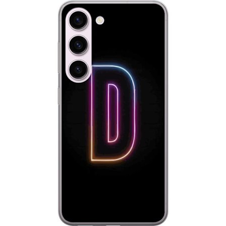 Kompatibel Mobilcover til Samsung Samsung Galaxy S23 Minimalistisk neonbogstav D i farveskiftende lys mod sort baggrund i moderne digital design