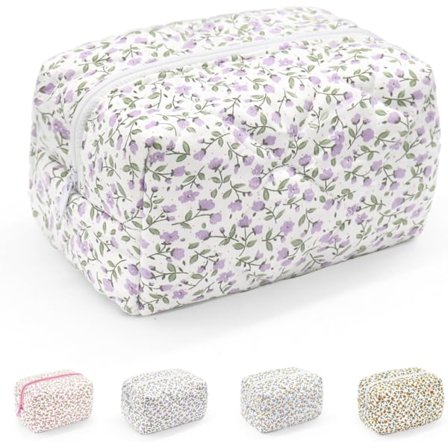 Lille makeup taske, bomuld bærbar toilettaske, quiltet blomstret kosmetiktaske vaskeorganisator taske til kvinder piger damer lilla