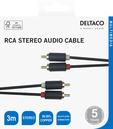 Deltaco Audio cable, 2xRCA, gold-plated connectors, 3m, black