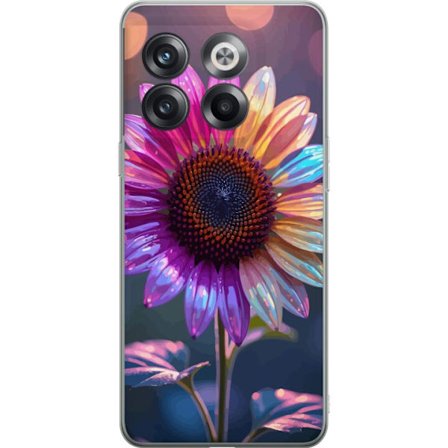 Kompatibelt Mobildeksel til OnePlus 10T Irideserende blomst med glitrende kronblad i rosa lilla og gull mot myk bokeh bakgrunn