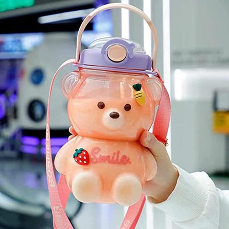 1000ml Stor Kawaii Björnmugg Vattenflaska Med Sugrör Och Rem, Söta Vattenflaskor För Drickflaska(rosa)