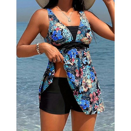 Nya modeller Tropiskt Tryck Mode Tvådelad Set Tankini, Fluga Fram Skjortkjol Boxer Shorts Underdel Baddräkter, Dam Badkläder & Kläder