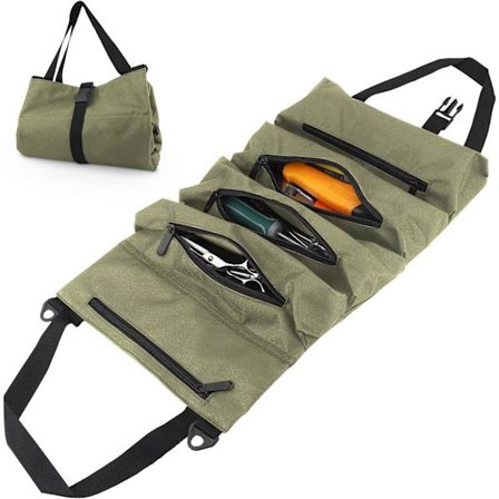 1 stk. rullende værktøjstaske - Grøn, værktøjstaske med 5 lynlåslommer