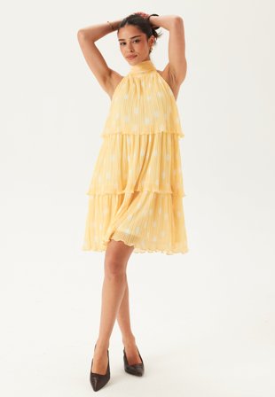 BUBBLEROOM - Pleated Flounce Mini Dress - Yellow/Patterned