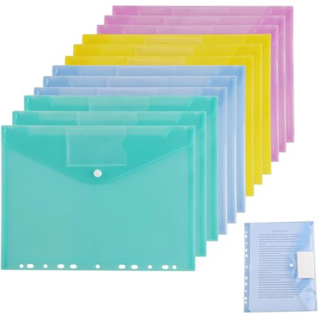 12 A4-fickor i plast, A4 transparenta stansade påsar, 6 färger genomskinliga fickor, A4-plastpåsar med knappar, plastmappar för sortering eller 