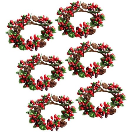 6 stk. Julelysringe Røde Bær Lysringe Kranser Med Kogler Til Søjler Julebord Dekorationer Midtpunkter