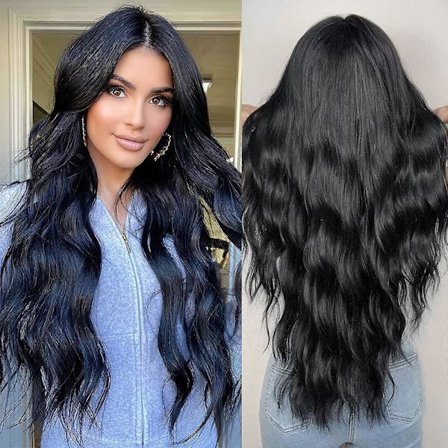 Lang svart parykk naturlig bølgete syntetisk hår midtskill krøllete parykk