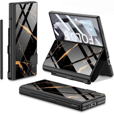 Skal för Samsung Galaxy Z Fold 6 med pennhållare, Z Fold 6 Skal Pläterat Glas Hybrid Läder Allomfattande Skal med Skärmskydd