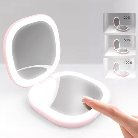 Rejsemakeup spejl med LED-lys, 1X/10X forstørrelse, USB-opladning, touchskærm og 3 justerbare lysstyrkeindstillinger - Mini, sammenklappelig og Pe