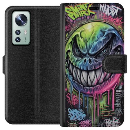 Kompatibelt Lommeboketui til Xiaomi 12 Fargerik graffitiillustrasjon av et ondskapsfullt smilende monsteransikt med dryppende neonfarge