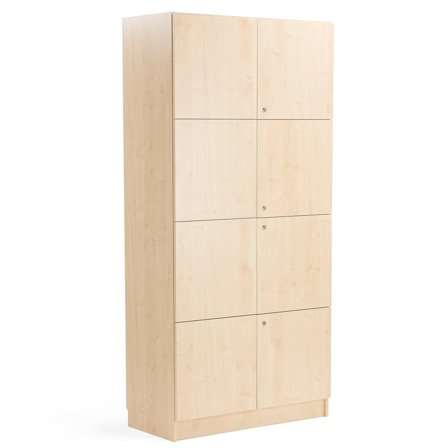 Wooden storage cabinet THEO with 4 double doors, 2100x1000x470 mm, birch
