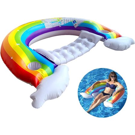 Regnbågspool Lounger, uppblåsbar stol flyter med 2 mugghållare, 148*100CM