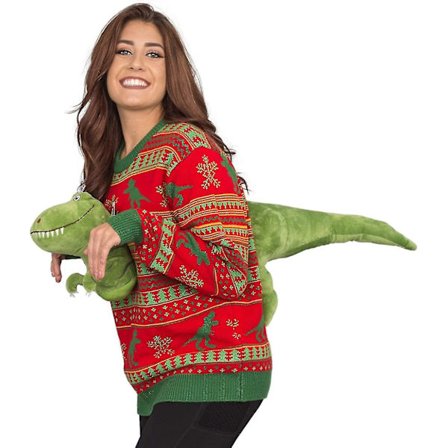 Unisex 3D T-rex Rød og Grønn Genser Ugly Christmas Sweater Herre Dame Xmas Kostyme 2XL Z