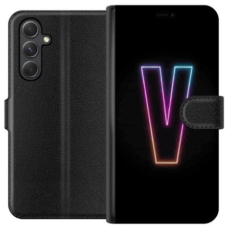 Kompatibelt Plånboksfodral till Samsung Samsung Galaxy A15 5G Neonbokstav V i färggraderat ljus mot svart bakgrund, minimalistisk design med tydlig