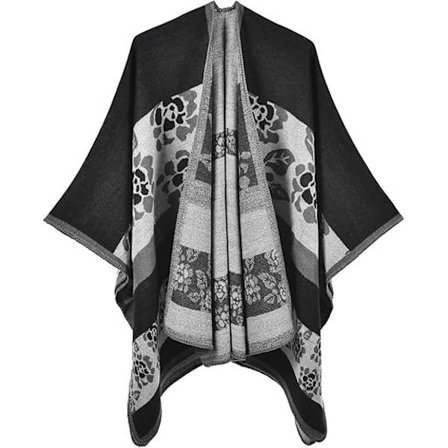 Werwing Dame Retro Varmt Vintersjal Poncho Cape - Blomstertrykt Åpen Front Cardigan med Etnisk Stil, Tykk Fusk Cashmere Trav