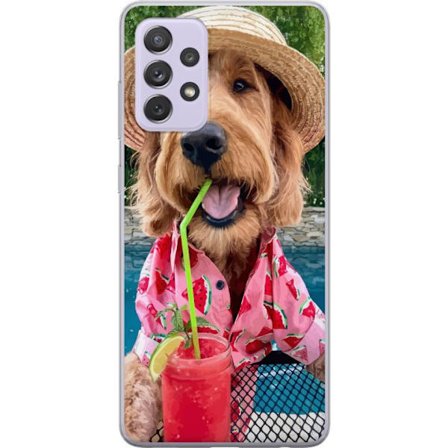 Kompatibelt Mobilskal till Samsung Samsung Galaxy A52s 5G Sommarhund dryck motiv med glad hund i hatt och rosa skjorta som dricker en smoothie vid poo