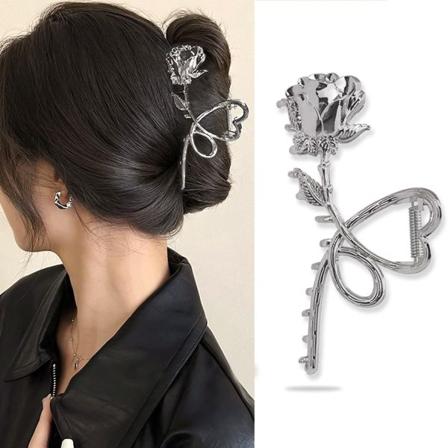 IC Blomst Hårklemmer Metal Sølv Rose Hårklemmer Store Uden Folds Hår Kæbeklemmer til Kvinder Mode Hår 1 stk
