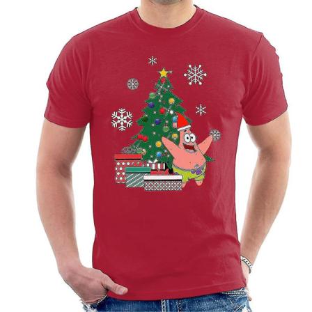 Patrick Star Around The Christmas Tree Svampbob T-shirt för män Cherry Red