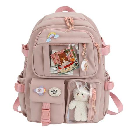 Stor kapasitet Nylon Ryggsekk Skoleveske Multi-lomme Dagstursekk For Student Pink