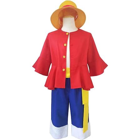 Monkey D. Luffy Cosplay Kostume Anime Uniform Halloween Karneval Cosplay Monkey D. Luffy Skjorte og Bukser med Halmhat Fuld Sæt til Voksne Børn M