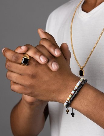 Nialaya Men's Golden Brick Signet Ring With Agate - Gold - 73