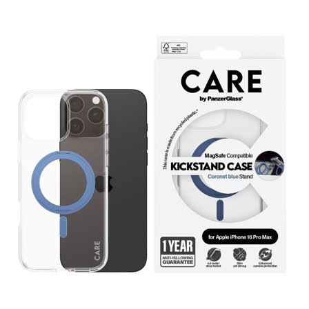 CARE by Panzer Feature Case Transparent w. Blue Kickstand & MagSafe iPhone 16 Pro Max PanzerGlass - High quality tempered glass screen protector