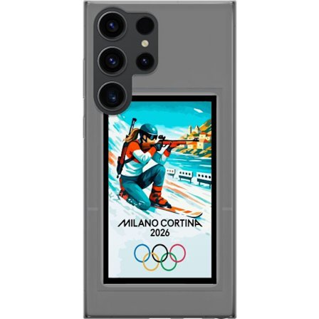 Kompatibelt Mobildeksel til Samsung Galaxy S24 Ultra Retroplakat Cortina Milano 2026 med fjell, vintersportsutøvere, italienske trikolor, Milano-kated