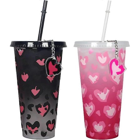 2 st Alla hjärtans dag-muggar Återanvändbara plastmuggar med lock och sugrör 710 ml Färgskiftande muggar, iskaffekopp för fest