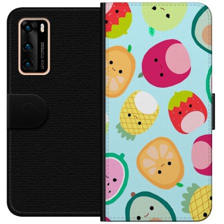 Kompatibelt Lommeboketui til Huawei P40 Mønster av kawaii-frukter som jordbær sitron ananas og avocado på lyseblå bakgrunn