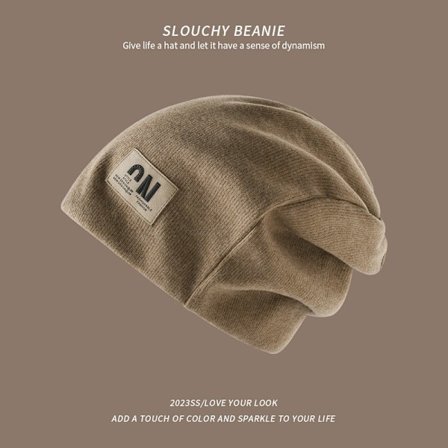 Varm slouch-lue, flatterende beanie for høst og vinter, khaki (fleeceforet)