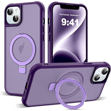 Kompatibel med iPhone 14 Plus-deksel med usynlig magnetisk O-ringstativ, gjennomskinnelig, kompatibel med Mag-Safe, godt grep