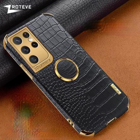 Samsung Galaxy S21 Lyxigt Stilrent Skal Med Krokodilskinn & Ring Black One Size