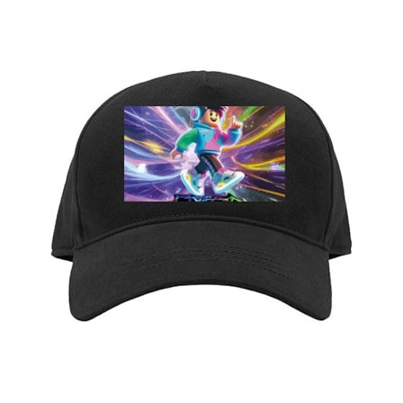 Kasket Energi-fyldt gaming-illustration med blok-lignende figur, neon farver, lys effekter og bevægelse i futuristisk fantasimiljø.