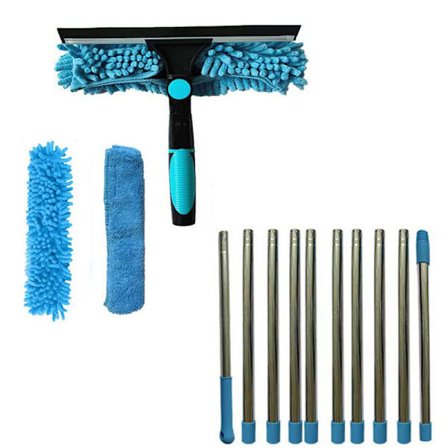 Vindusskrape 2-i-1 med teleskopskaft 4,5 m – Vindusrengjøring for høye vinduer, bil, dusj, innendørs & utendørs blå