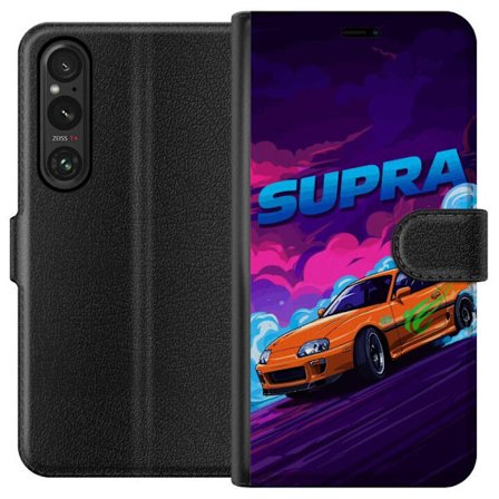 Yhteensopiva Lompakkokotelo Sony Xperia 1 VI Toyota Supra driftaamassa neonvärisellä savulla, nopeuden tunteella ja yöllisessä katukilpailuympäri