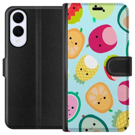 Kompatibelt Lommeboketui til Samsung Galaxy S25 Edge Mønster av kawaii-frukter som jordbær sitron ananas og avocado på lyseblå bakgrunn